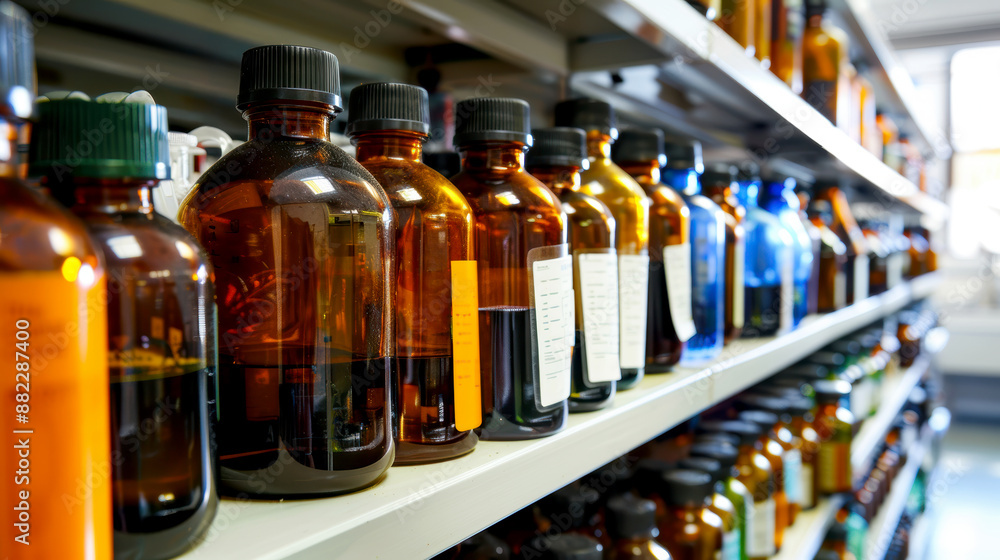 Laboratory Bottles on Storage Shelf. A detailed image of various colored glass bottles lined up on a storage shelf in a laboratory, used for scientific research and experiments. Laboratory Bottles on Storage Shelf. A detailed image of various colored glass bottles lined up on a storage shelf in a laboratory, used for scientific research and experiments.