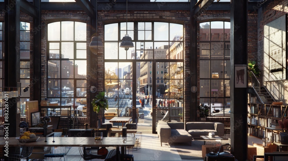 A stylish urban loft with large industrial windows, a rooftop terrace, and views of a bustling city street. A stylish urban loft with large industrial windows, a rooftop terrace, and views of a bustling city street.