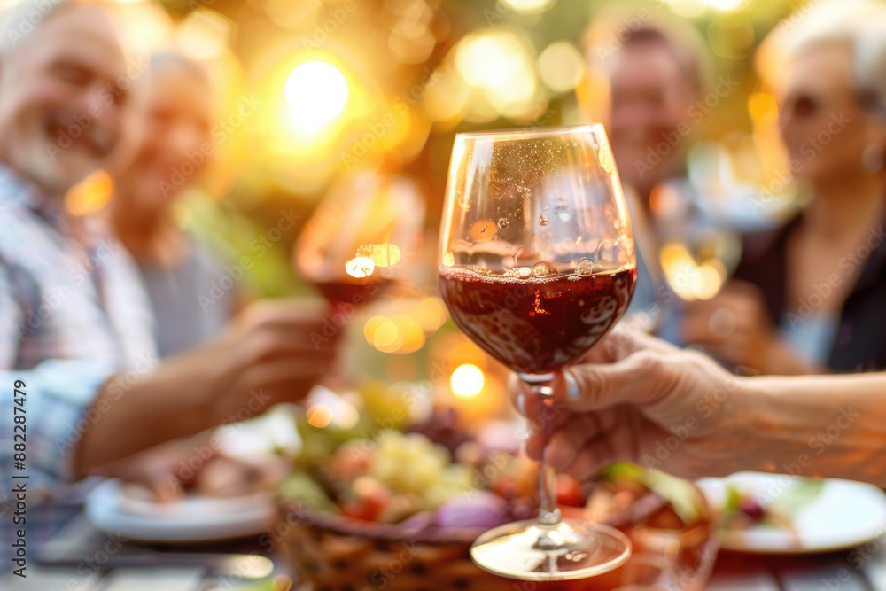 Happy family and friends dining and drinking red wine at the dinner party, Focus on wine glass
Happy family and friends dining and drinking red wine at the dinner party, Focus on wine glass