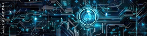Glowing blue circuit board with intricate electronic components