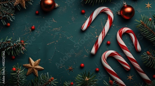 Christmas Candy Canes and Festive Decorations on a Green Background photo