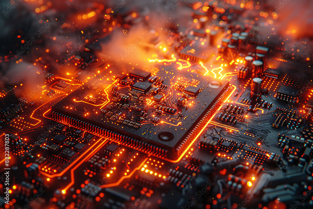 A close-up view of a circuit board glowing with orange lights, capturing the intricate details of modern technology in a vibrant, futuristic manner A close-up view of a circuit board glowing with orange lights, capturing the intricate details of modern technology in a vibrant, futuristic manner