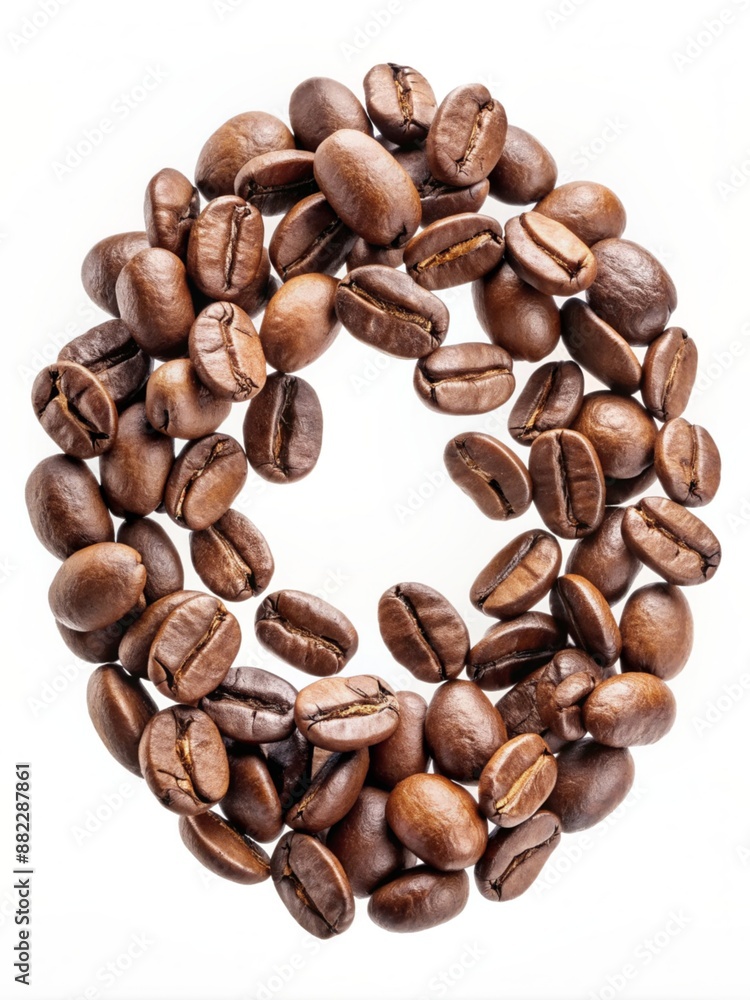 Circle of coffee beans on white background, top view, brown and white contrast