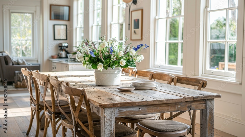 Fototapeta premium cozy dining space, cozy dining room featuring a wooden table, eclectic chairs, and a vase of flowers, ideal for enjoyable family meals
