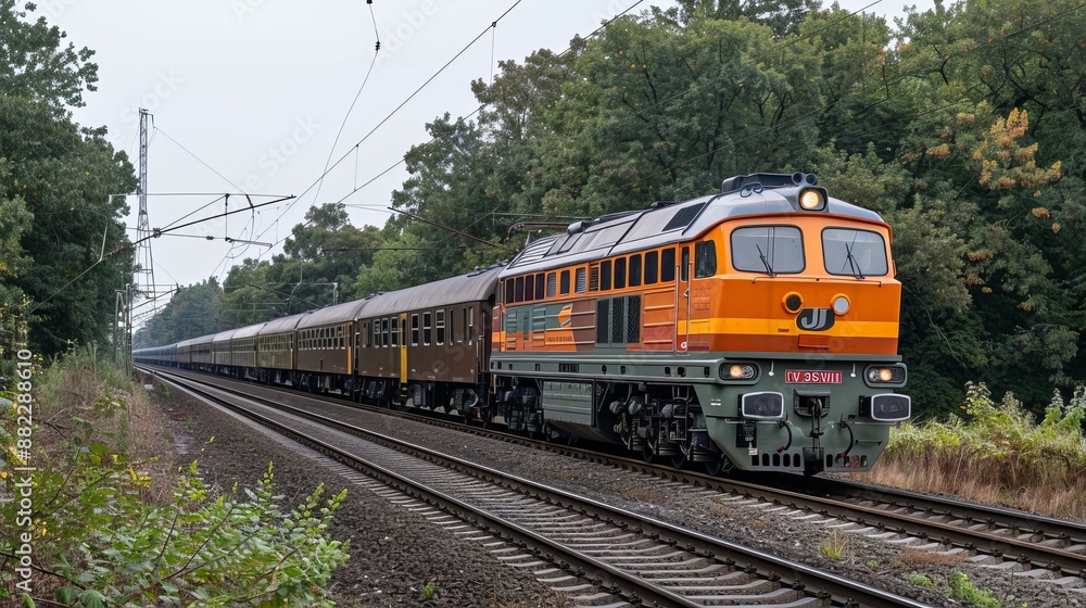 Orange Freight Train Traveling Through Forest Orange Freight Train Traveling Through Forest