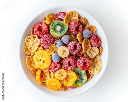 Fruity Cereal Breakfast for Children. Healthy and Delicious Food on White Background