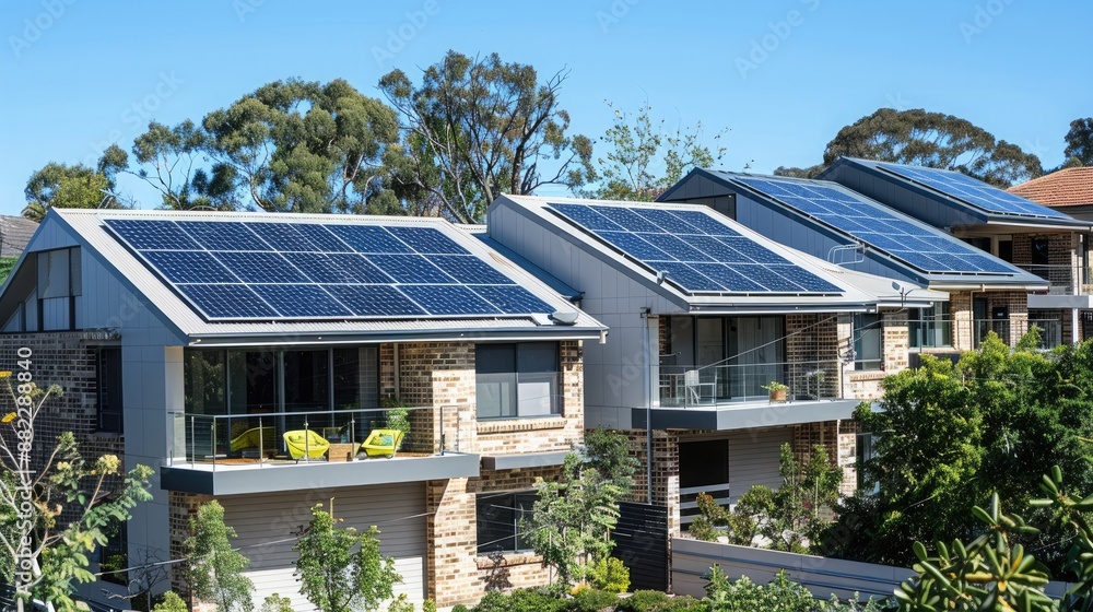 A suburban duplex with contemporary design features and rooftop solar panels, offering stylish and sustainable living spaces for modern families. A suburban duplex with contemporary design features and rooftop solar panels, offering stylish and sustainable living spaces for modern families.