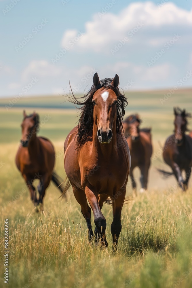Fototapeta premium Wild horses running through grassland