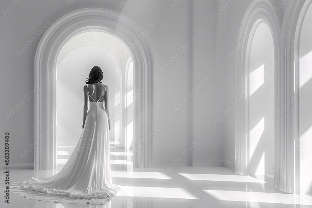 A woman in a flowing white gown walks through an archway in a minimalist white room, the soft lighting enhancing the ethereal ambiance and the dress's delicate details A woman in a flowing white gown walks through an archway in a minimalist white room, the soft lighting enhancing the ethereal ambiance and the dress's delicate details