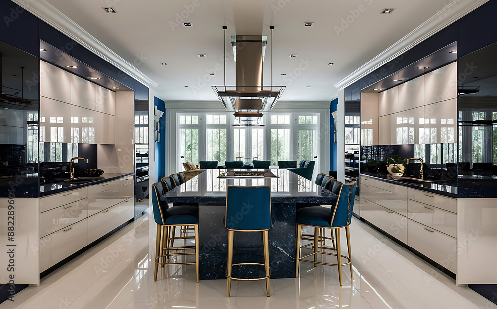 Fototapeta premium Kitchen interior in beautiful new luxury home with kitchen island and wooden floor, Generative AI