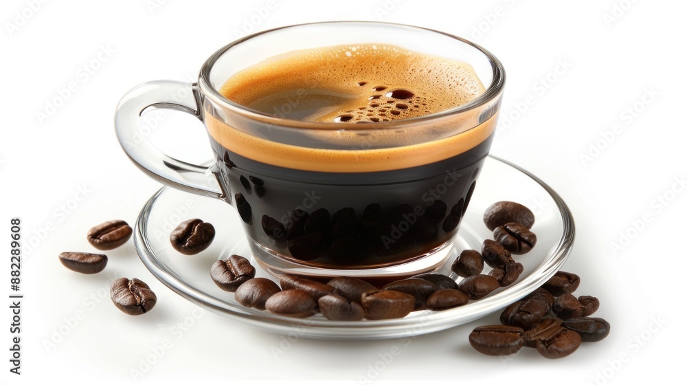 Fototapeta premium Espresso Shot with Coffee Beans on a White Background