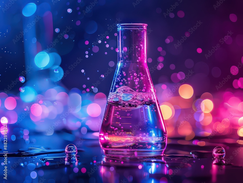glowing Erlenmeyer flask in a vibrant, bokeh-lit background, representing science and experiments glowing Erlenmeyer flask in a vibrant, bokeh-lit background, representing science and experiments