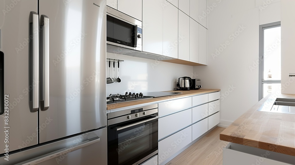 Contemporary minimalist kitchen featuring sleek cabinetry, stainless steel appliances, and a clutter-free countertop emphasizing functionality and clean aesthetics in a modern home High Resolution Contemporary minimalist kitchen featuring sleek cabinetry, stainless steel appliances, and a clutter-free countertop emphasizing functionality and clean aesthetics in a modern home High Resolution