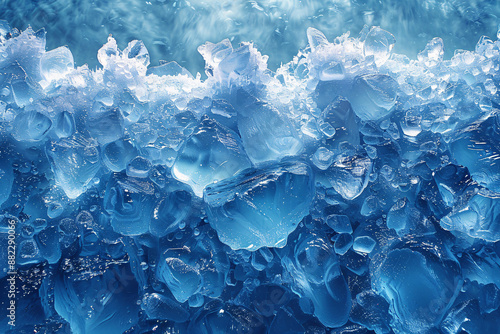 Close-up of ice crystals, with a range of blue hues and intricate textures, capturing the cold and refreshing essence of frozen water photo