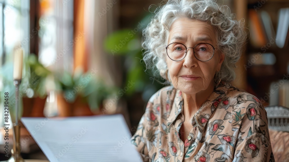 A senior woman with gray hair and glasses looks at the camera while holding a piece of paper. She is sitting in a warm, cozy environment. A senior woman with gray hair and glasses looks at the camera while holding a piece of paper. She is sitting in a warm, cozy environment.