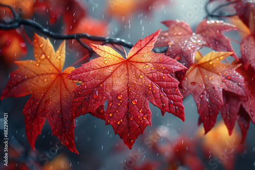 Vivid red autumn leaves covered in dewdrops on a branch, illuminated by soft light, capturing the essence of a rainy fall day with rich, warm colors