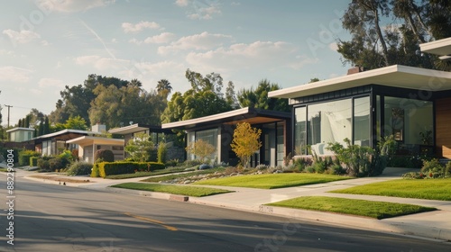 A suburban street lined with mid-century modern homes featuring clean lines and floor-to-ceiling windows.