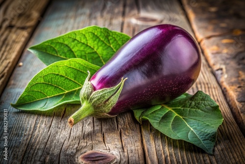 Fresh purple eggplant with vibrant green stem and leaves sits on a rustic wooden table, surrounded by subtle shadows and soft natural light. photo