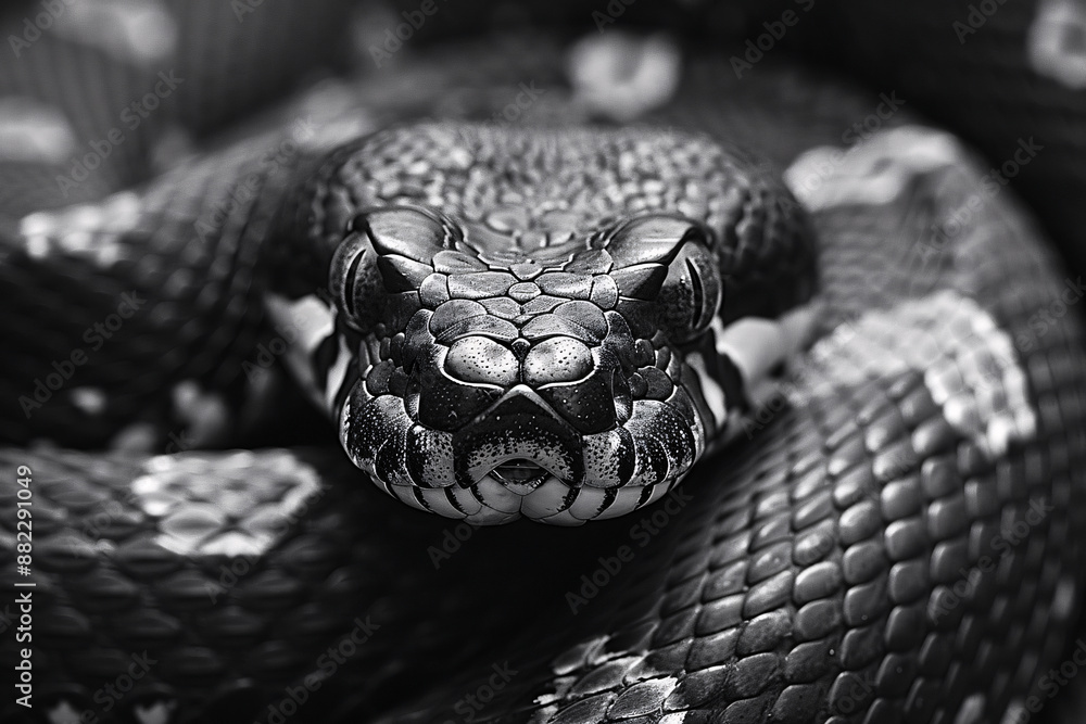 A detailed close-up of a snake's head in black and white, highlighting its intricate scale patterns and menacing eyes A detailed close-up of a snake's head in black and white, highlighting its intricate scale patterns and menacing eyes