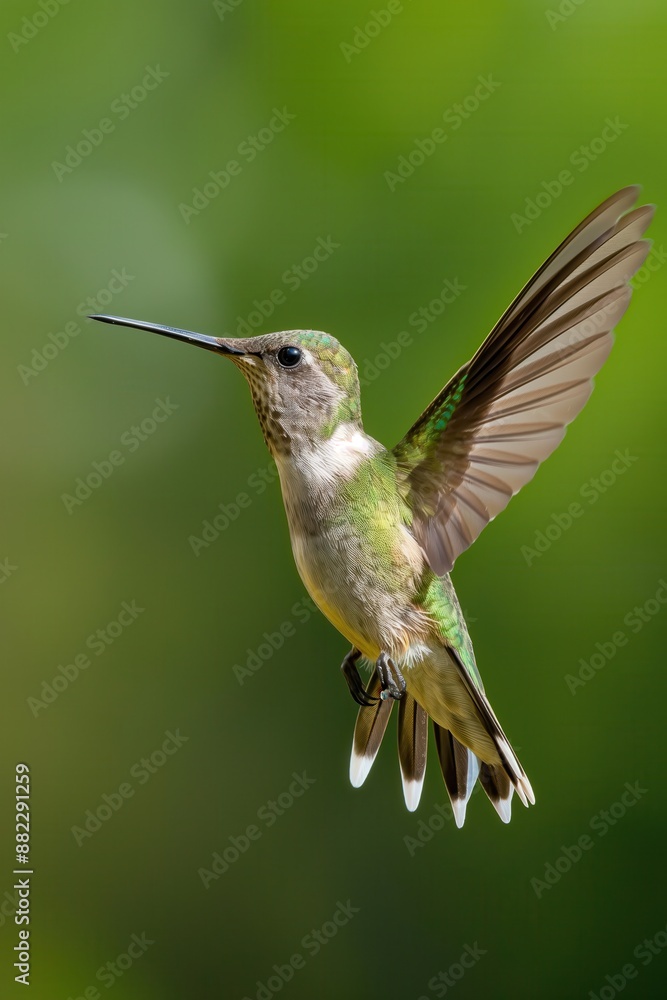 Fototapeta premium Hummingbird in flight with green background