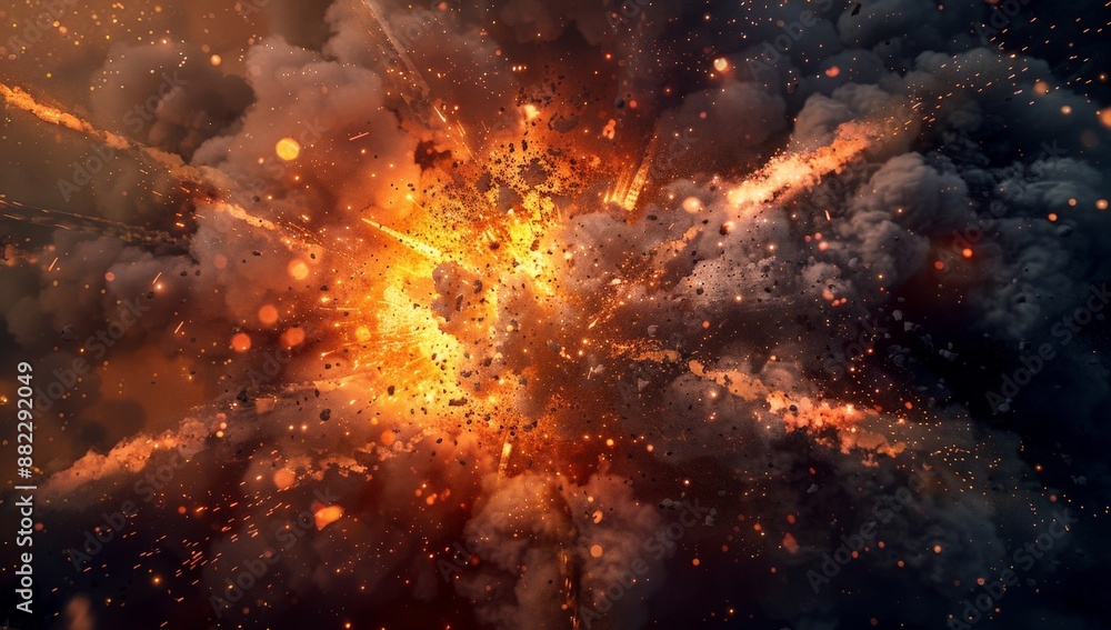Explosion with fire and smoke, surrounded by flying debris Explosion with fire and smoke, surrounded by flying debris