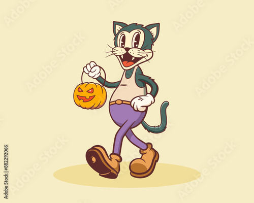 Halloween Groovy Cat Pumpkin Retro Character. Cartoon Jack O Lantern Walking and Smiling. Vector Autumn Holiday Mascot Template. Happy Vintage Cool Illustration Isolated
