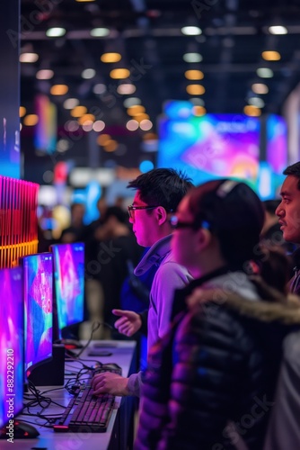 Gamer focused on game at tech convention
