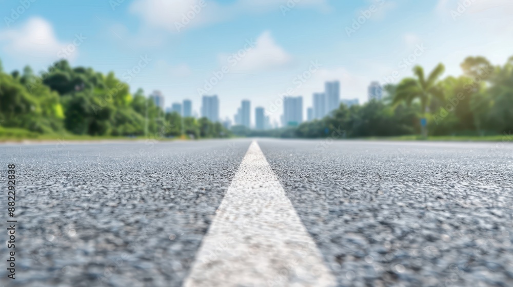 A road with a white line down the middle and a city in the background A road with a white line down the middle and a city in the background
