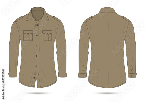 Brown outdoor button-up shirt mockup front and back view