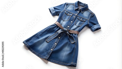 Blue denim dress with brown belt isolated on white background photo