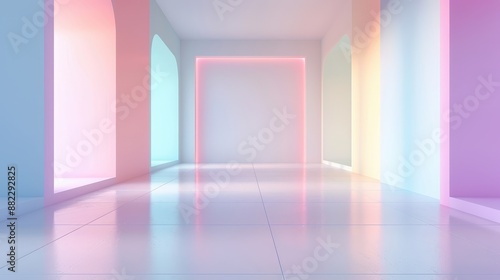 A large, empty room with a neon light in the middle