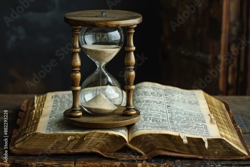 An hourglass on top of a Bible on a wooden table