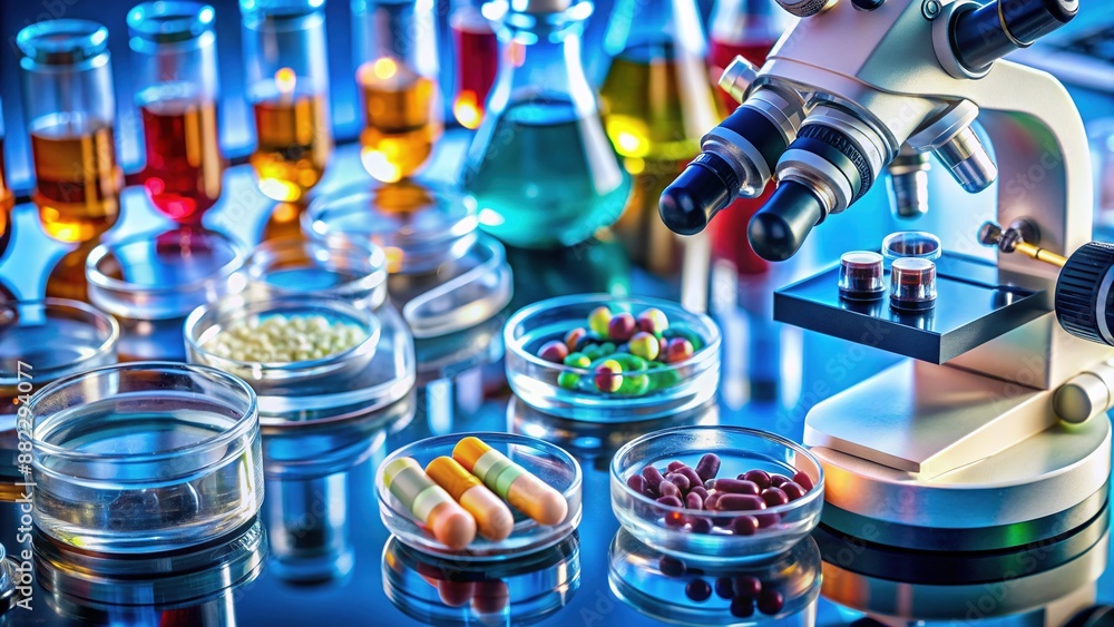 Microscopic view of laboratory equipment and petri dishes with various medical capsules and tubes, highlighting rigorous research and testing for pharmaceutical product development. Microscopic view of laboratory equipment and petri dishes with various medical capsules and tubes, highlighting rigorous research and testing for pharmaceutical product development.