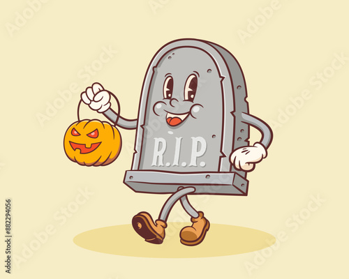 Halloween Groovy Tombstone Pumpkin Retro Character. Cartoon Jack O Lantern Walking and Smiling. Vector Autumn Holiday Mascot Template. Happy Vintage Cool Illustration Isolated