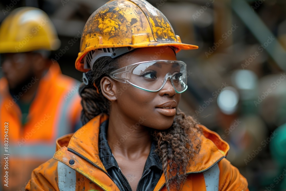A female construction worker, donning an orange jacket and a yellow hard hat, gazes to the side with confidence, exemplifying safety and professionalism on site. A female construction worker, donning an orange jacket and a yellow hard hat, gazes to the side with confidence, exemplifying safety and professionalism on site.