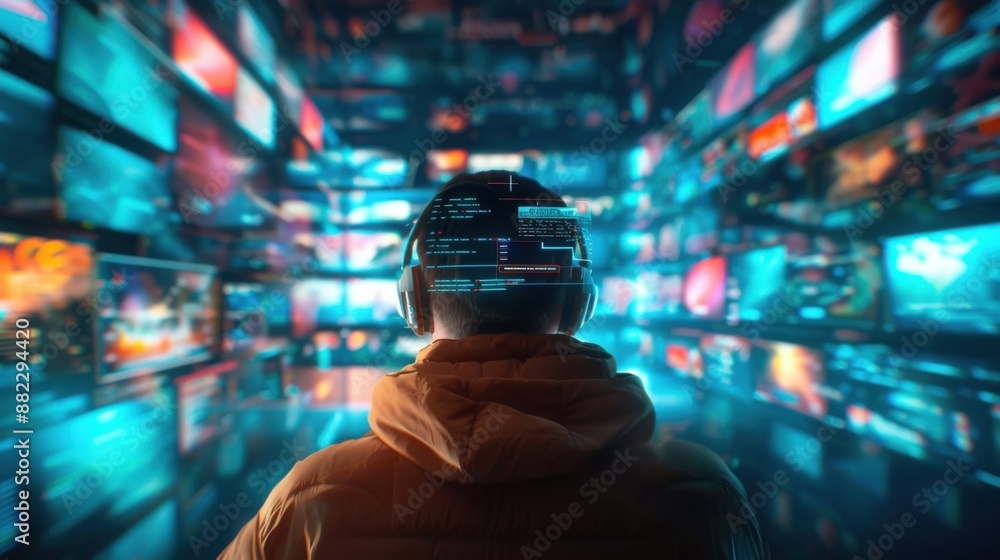Digital Chaos: Character Overwhelmed by Floating Screens in Psychedelic Mixed Media Artwork Digital Chaos: Character Overwhelmed by Floating Screens in Psychedelic Mixed Media Artwork
