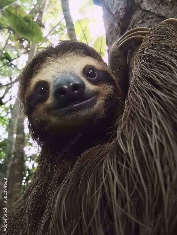 Fototapeta premium Smiling sloth in rainforest canopy