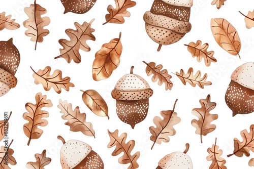 Colorful autumn pattern with leaves, acorns, and pine cones. The leaves are brown and the acorns are scattered throughout the image