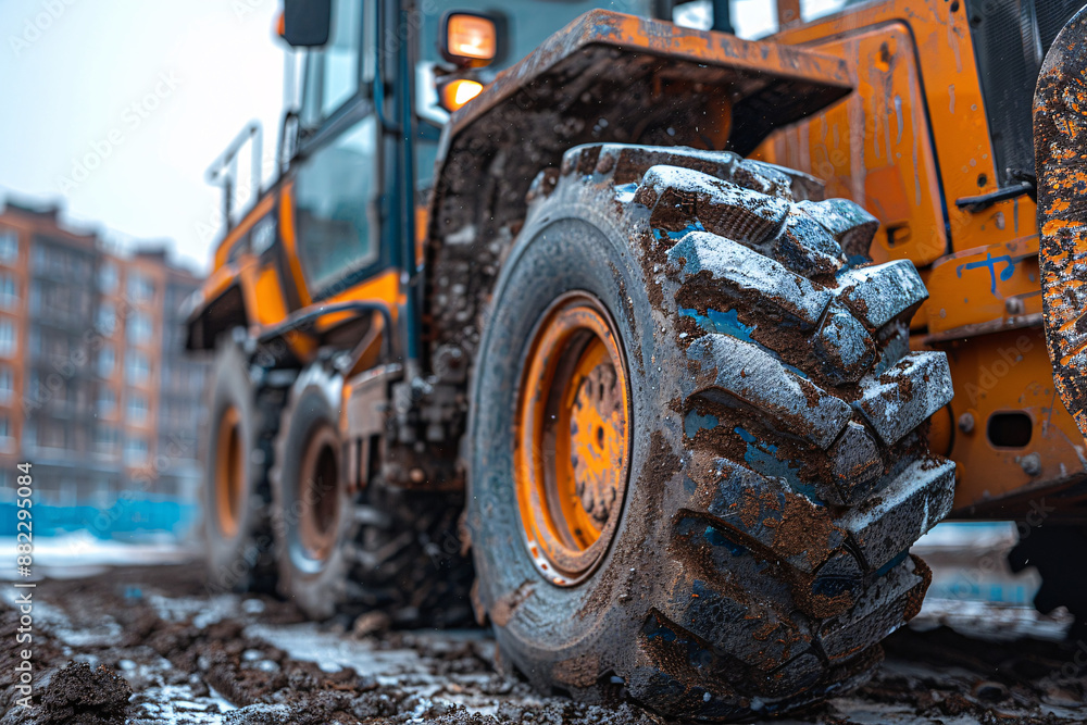 Fototapeta premium Close-up of a muddy construction vehicle, showcasing its rugged tires and vibrant details amidst an urban setting