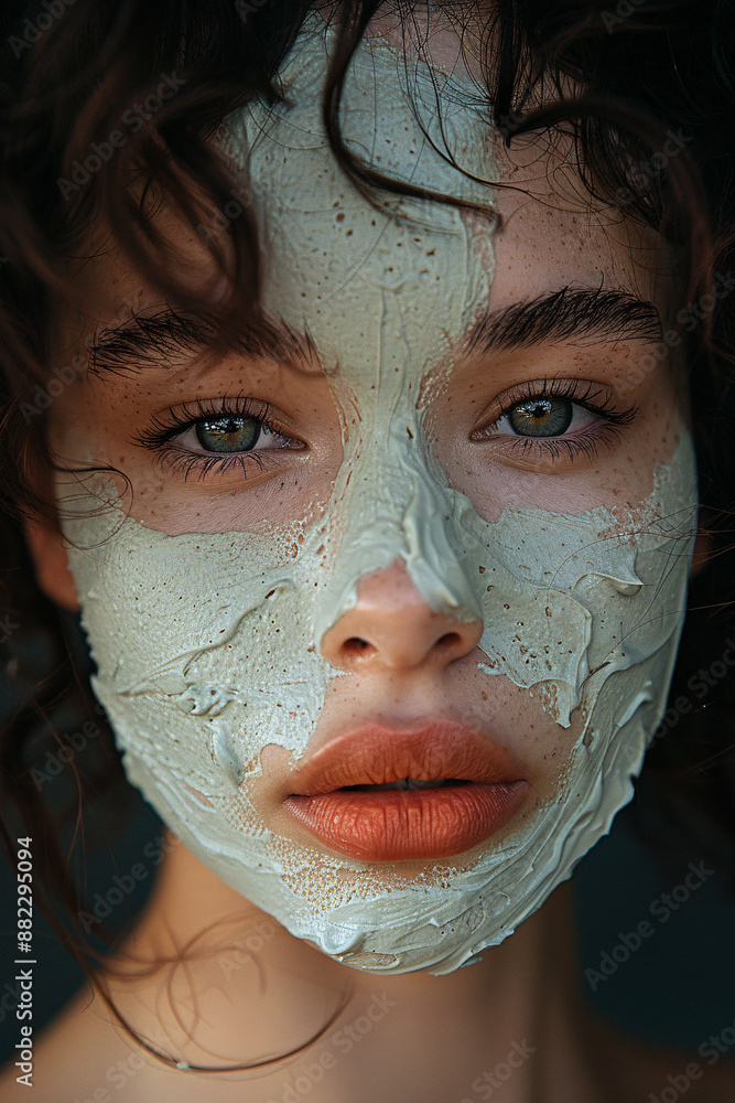 Fototapeta premium Close-up of a woman with a clay mask, her intense gaze capturing the essence of natural beauty and raw emotion