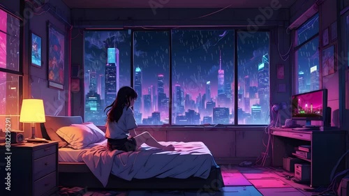 Neon city night heavy rain, thunder storming, a cat sitting alone in the road, lofi animation loop