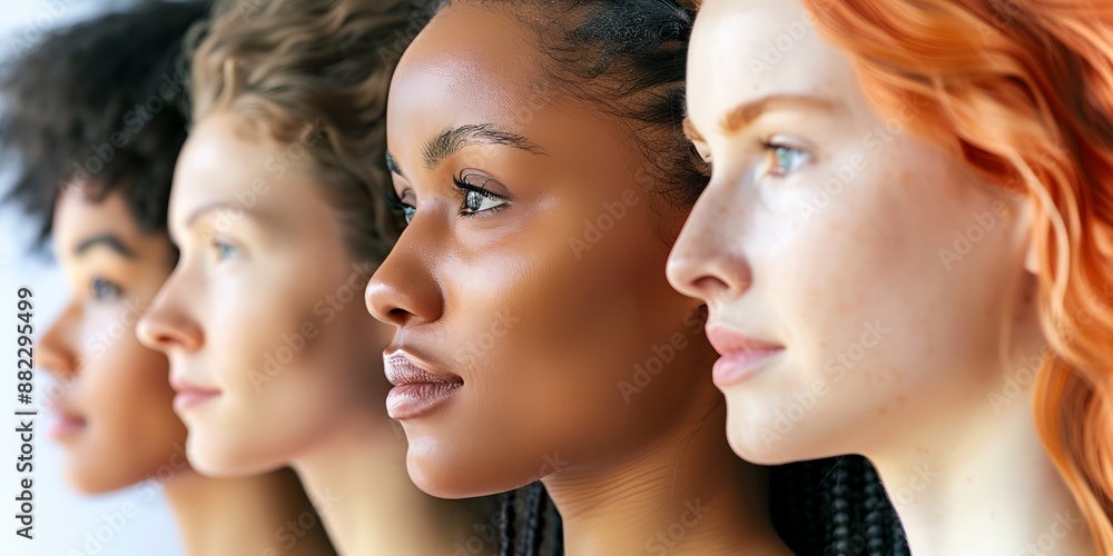 Four women with different skin tones and hair styles are standing next to each other. Concept of diversity and inclusivity, celebrating the beauty of different skin tones and hair types Four women with different skin tones and hair styles are standing next to each other. Concept of diversity and inclusivity, celebrating the beauty of different skin tones and hair types