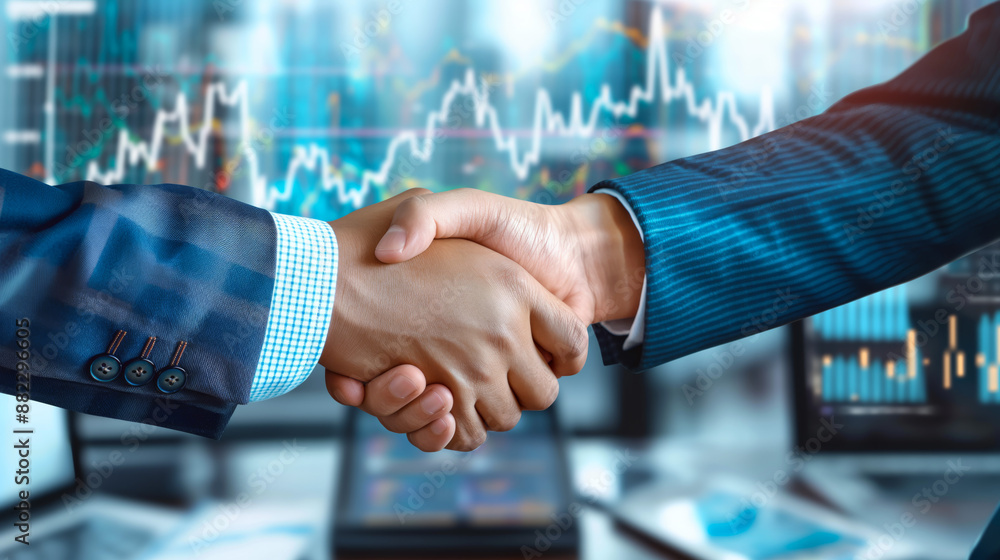Business handshake with graphs and charts market analytics Business handshake with graphs and charts market analytics