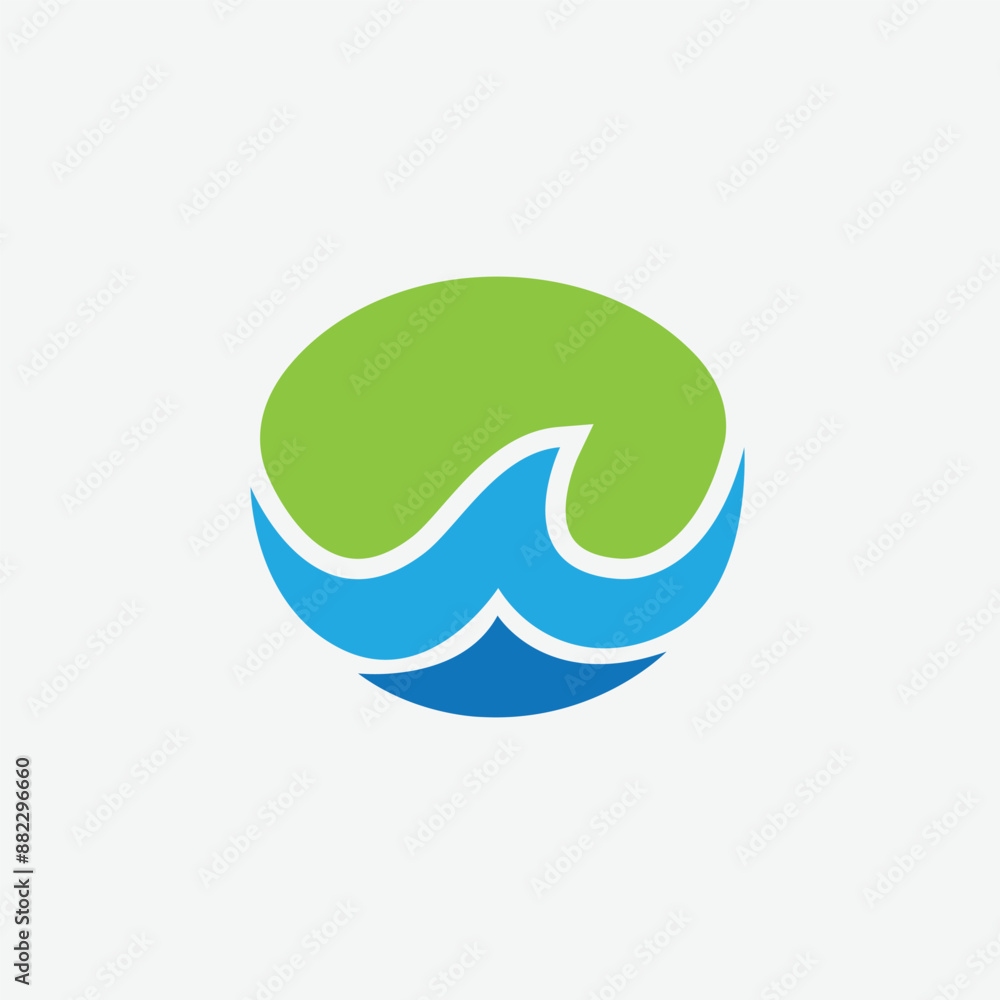Sun logo with sea wave vector art, Beach or coast logo in simple sun and ocean shape.