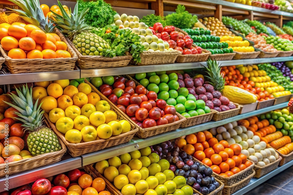 Vibrant display of assorted fresh organic fruits, including apples, oranges, bananas, grapes, pineapples, and lemons, arranged attractively on a supermarket shelf. Vibrant display of assorted fresh organic fruits, including apples, oranges, bananas, grapes, pineapples, and lemons, arranged attractively on a supermarket shelf.