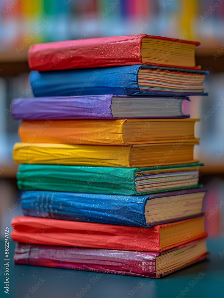 Stack of colorful hardcover books in a library setting. Stack of colorful hardcover books in a library setting.