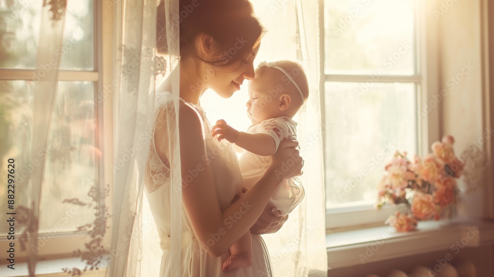 loving mom in white dress carying of her newborn baby at light home loving mom in white dress carying of her newborn baby at light home