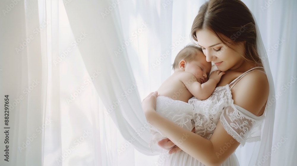 loving mom in white dress carying of her newborn baby at light home loving mom in white dress carying of her newborn baby at light home