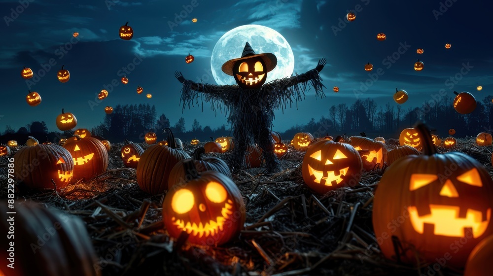 Halloween Pumpkins, Scarecrow amidst glowing jack-o'-lanterns, Nighttime Festivity Halloween Pumpkins, Scarecrow amidst glowing jack-o'-lanterns, Nighttime Festivity