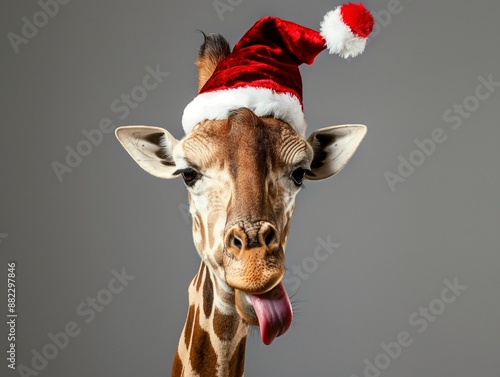 holiday image of a funny portrait of a giraffe showing tongue in a festive hat on a gray gradient background photo